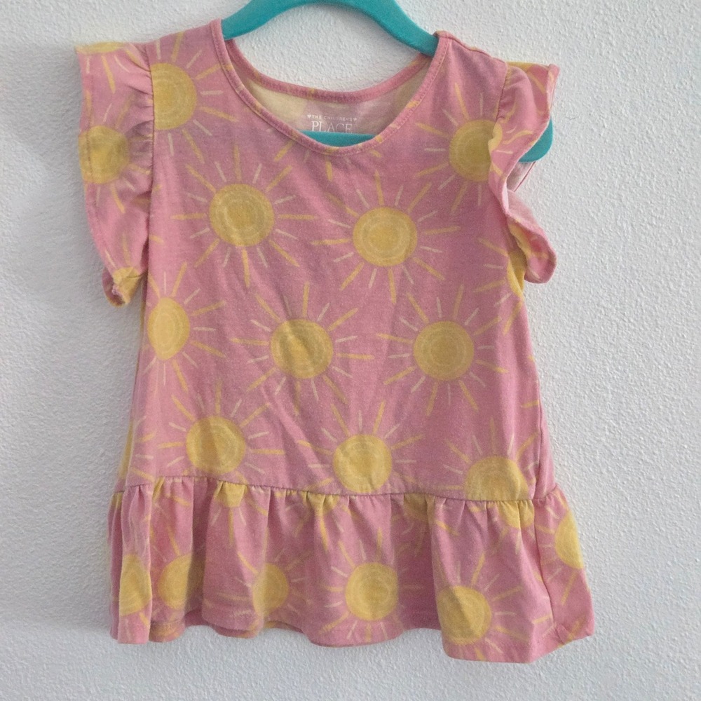The Childrens Place Girls Pink Yellow Sun Print Flutter Sleeve Peplum Top 5T